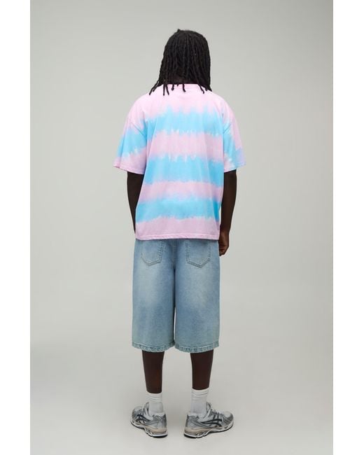 BoohooMAN Blue Oversized Striped Tie Dye T-Shirt for men