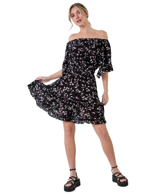 D.u.s.k Black Ditsy Floral Bardot Pocket Dress