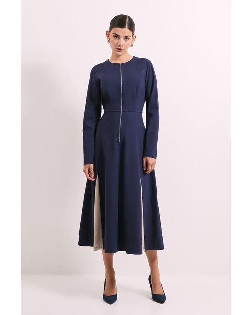 PRINCIPLES Blue Contrast Godet Detail Zip Front Midi Dress Viscose