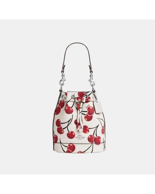 COACH Red Mini Bucket Bag With Cherry Print