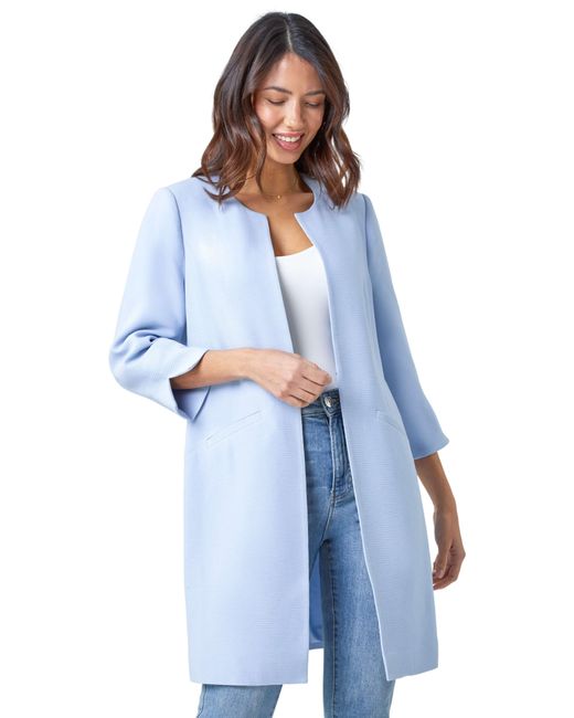 Roman Blue 3/4 Sleeve Textured Longline Smart Jacket