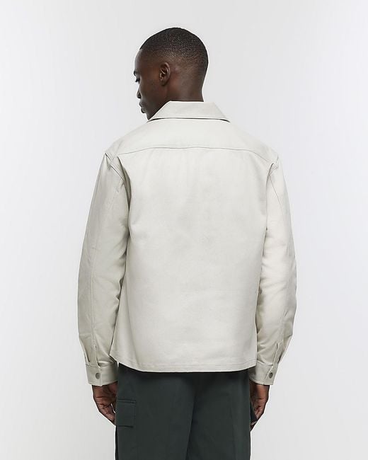 River Island White Stone Popper Front Overshirt for men