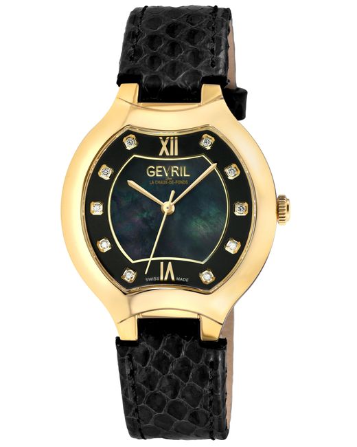Gevril Metallic Lugano Swiss Diamond Watch, Mop Dial, Ipyg Case,Genuine Italian Handmade Leather Strap