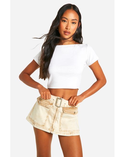 Boohoo White Belted Zip Through Patch Pocket Denim Micro Mini Skirt