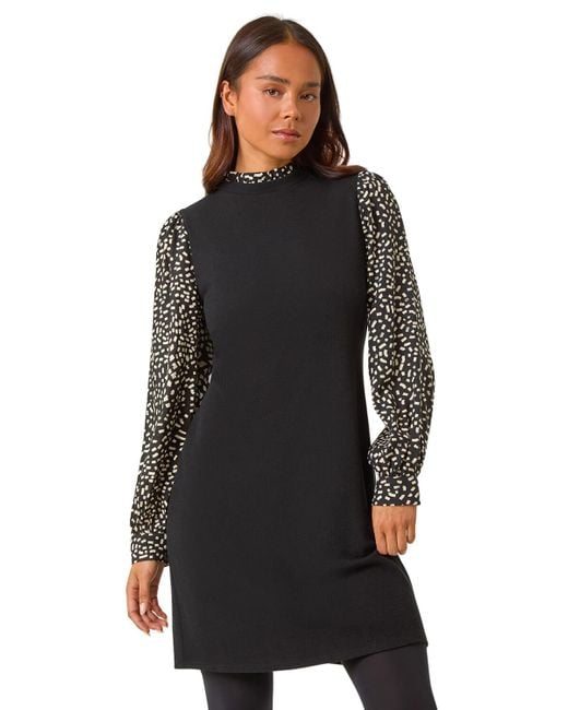 Roman Black Petite Contrast Frill Neck Stretch Dress