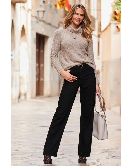 Sosandar Black Wide Leg Jeans With Rose Button Detail