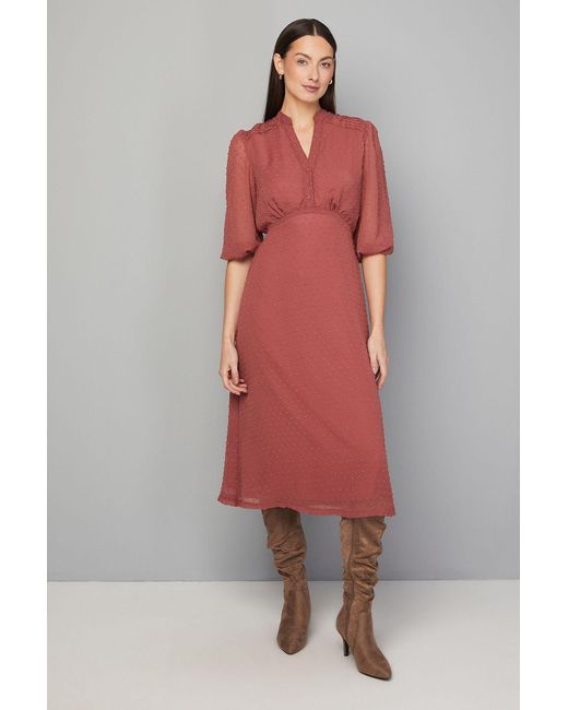 Wallis Red Dobby Pleat Detail Button Midi Dress