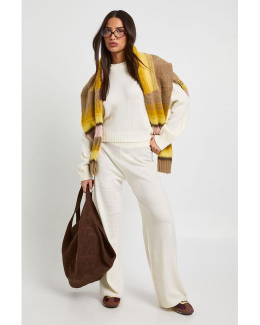 Boohoo White Petite Crew Neck Jumper And Wide Leg Trouser