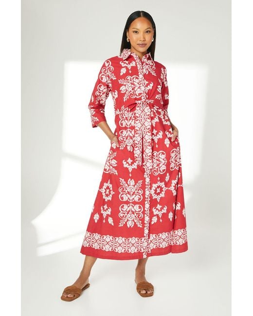PRINCIPLES Red Tile Print Tie Front Midi Shirt Dress Cotton