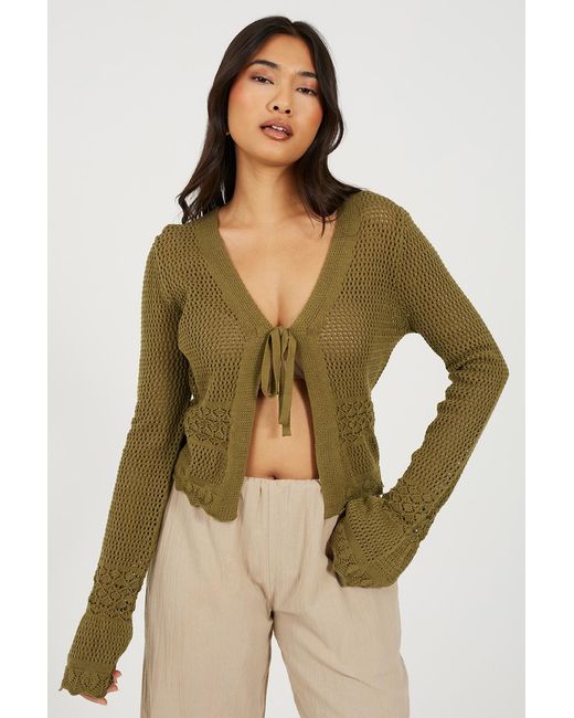 Brave Soul Green Light V-Neck Tie Front Cardigan With Flared Cuffs