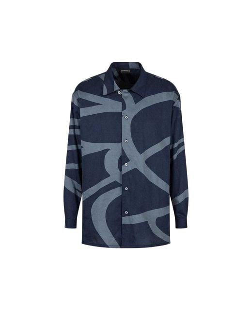Emporio Armani Blue Abstract Cotton Long-Sleeved Shirt for men
