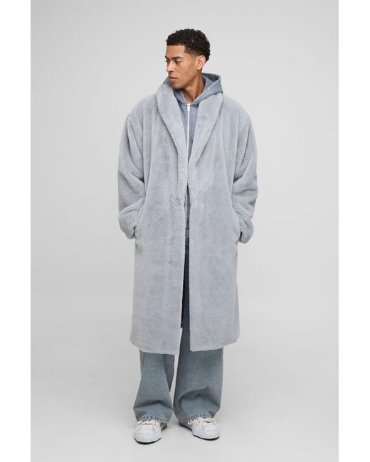 BoohooMAN Gray Oversized Plush Faux Fur Shawl Overcoat for men
