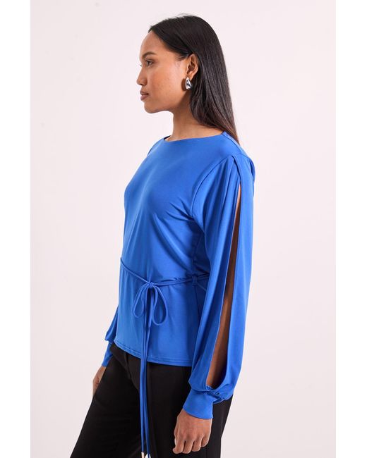 PRINCIPLES Blue Cobalt Tie Waist Split Shoulder Jersey Top