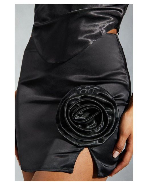 MissPap Black Satin Corsage Split Mini Skirt