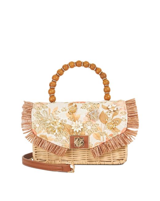 Dune Brown Blooms Beaded Handle Embellished Cross Body Bag