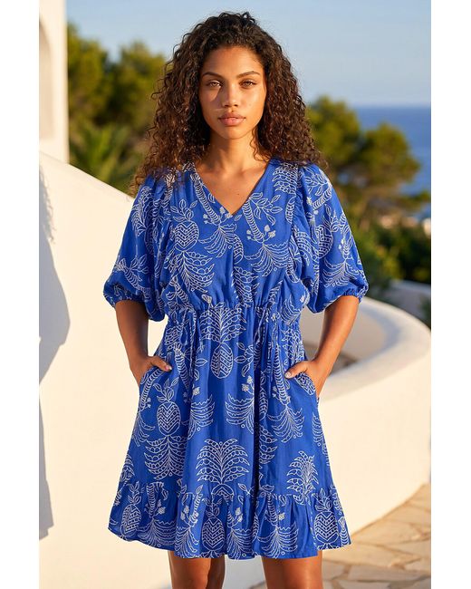 Roman Blue Petite Palm Print Smock Dress