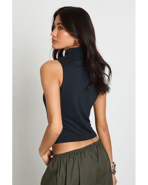 Boohoo Blue Cupro Key Hole Button Detail Sleeveless Top