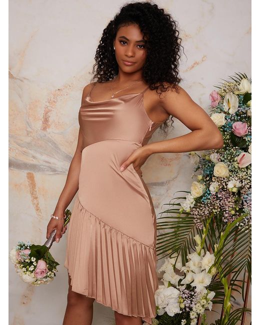Chi Chi London Brown Cowl Neck Satin Pleated Midi Dress
