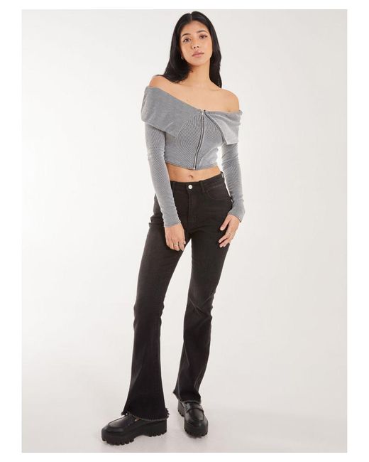 Pink Vanilla Gray Fold Over Zip Bardot Top
