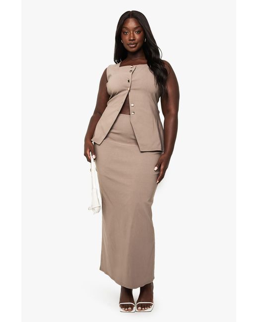 Boohoo Brown Plus Bengaline Button Detail Waistcoat And Maxi Skirt Co-Ord