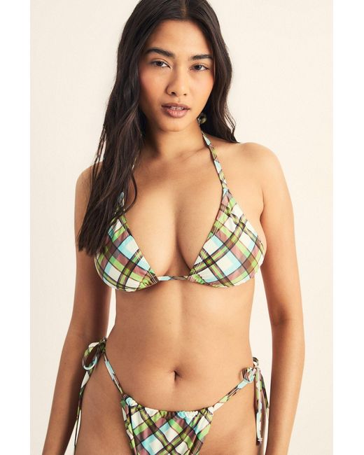 Nasty Gal Green Check Triangle Bikini And Ruffle Skirt 3Pc Set