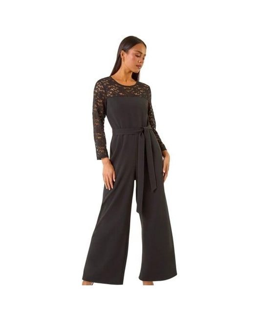 Roman Black Petite Lace Contrast Stretch Jumpsuit