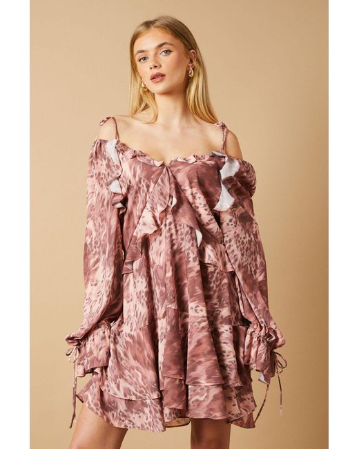 Oasis Pink Cow Printed Ruffle Detail Mini Dress