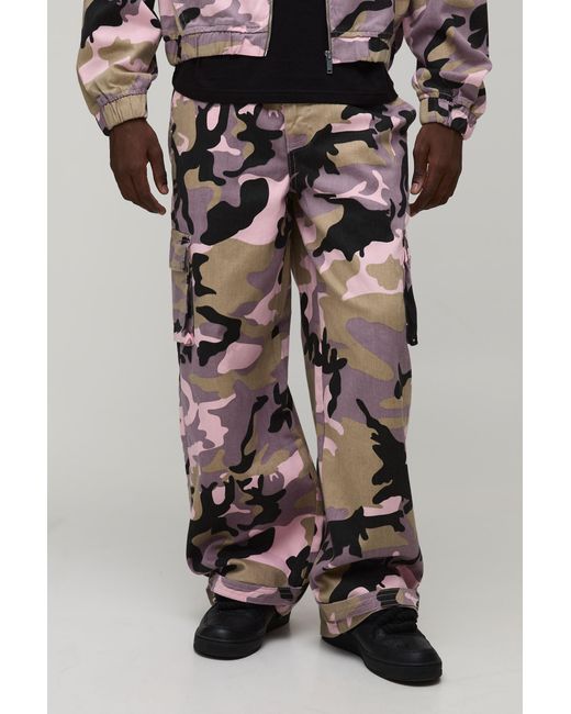 BoohooMAN Black Baggy Fit Camo Print Twill Trousers for men