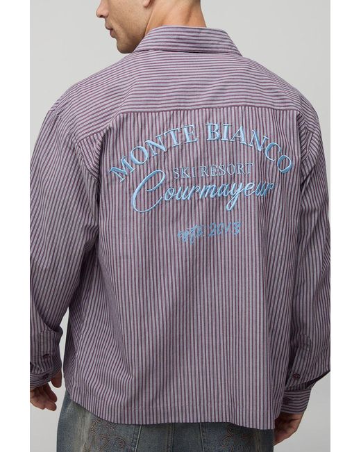 BoohooMAN Purple Oversized Monte Bianco Embroidered Long Sleeve Stripe Shirt for men