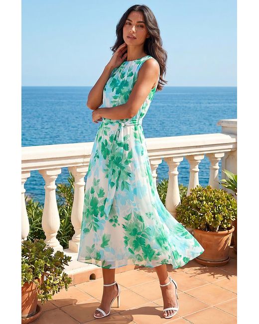 Roman Green Floral Pleated Neck Midi Dress