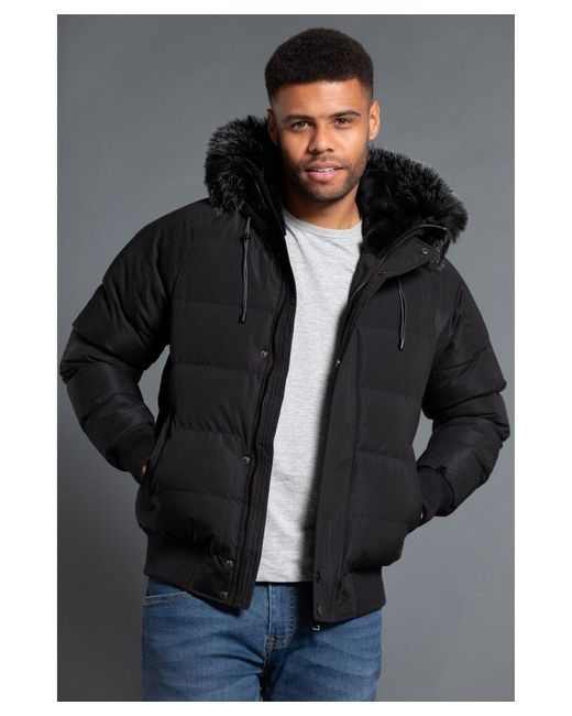 Nines Black Short Padded Parka Jacket With Faux Fur Hood for men