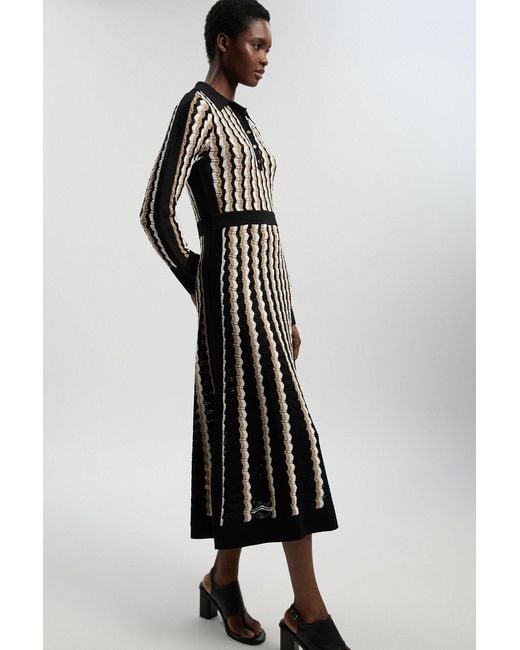 Karen Millen Natural Knit Pointelle Contrast Collared Midi Dress