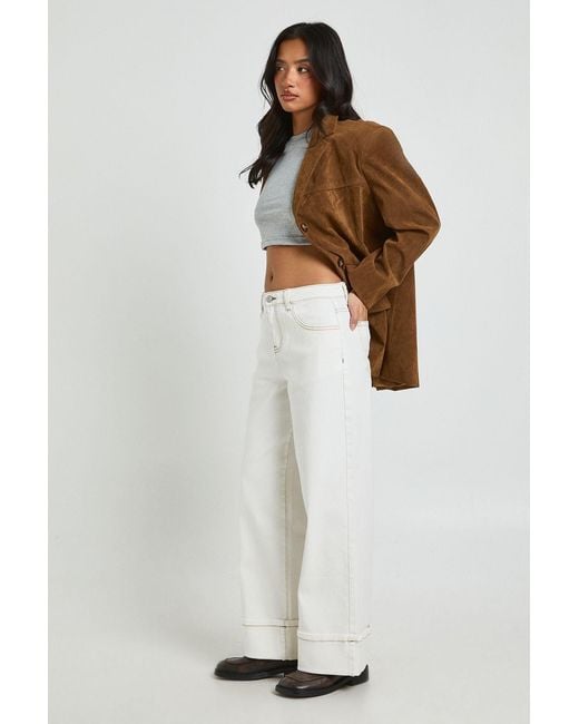 Boohoo White Petite Turn Up High Waist Wide Leg Jean