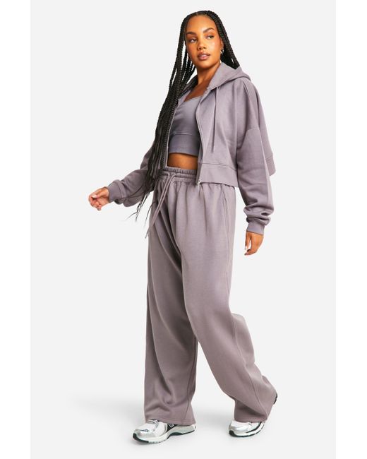 Boohoo Brown Plus Deep Hem Crop Top 3 Piece Hooded Tracksuit