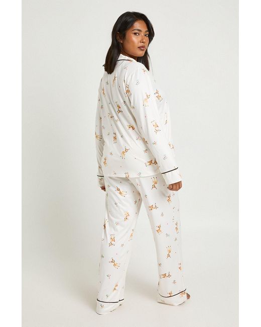 Boohoo Natural Plus Dear Print Long Sleeve Shirt & Trouser Pyjama Set
