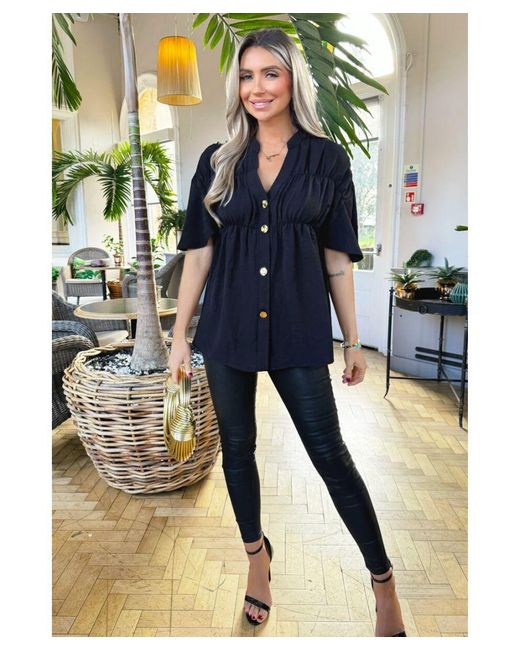 AX Paris Black Button Up Ruched Detail Smock V-Neck Top