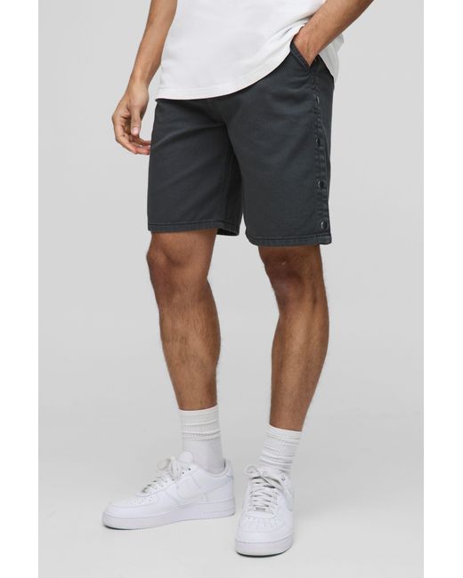 BoohooMAN Blue Relaxed Fit Overdyed Twill Popper Hem Shorts for men