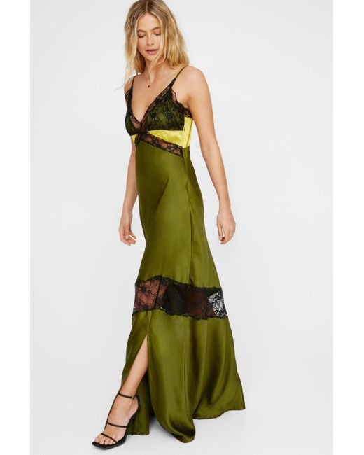 Nasty Gal Green Satin Lace Trim Mix Maxi Dress
