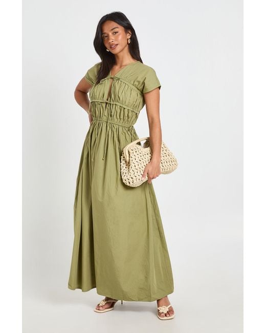 Boohoo Green Petite Cotton Poplin Shirred Front Tie Maxi Dress