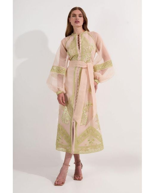 Karen Millen Natural Embroidered Organdie Balloon Sleeve Woven Maxi Dress