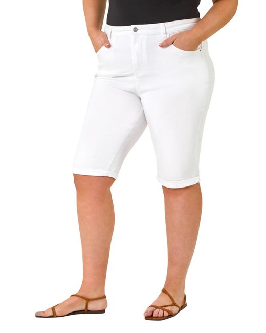 Roman White Curve Stretch Knee Length Denim Shorts