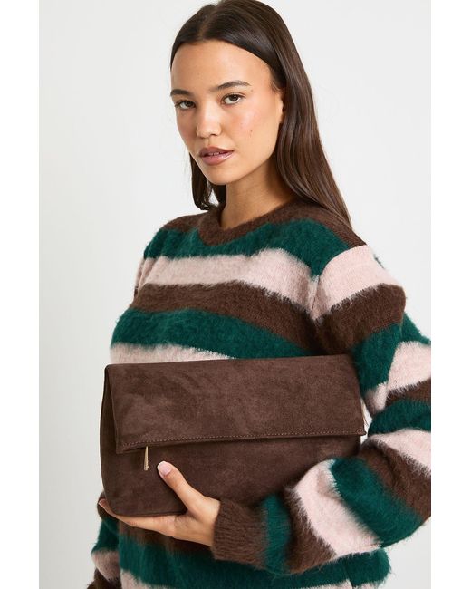 Boohoo Brown Large Faux Suede Fold Over Clutch Bag