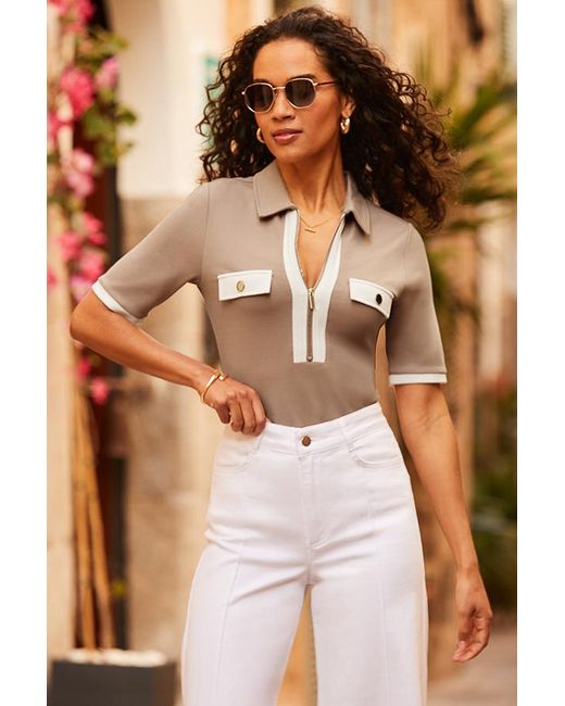 Sosandar Brown Taupe Contrast Trim Zip Front Top