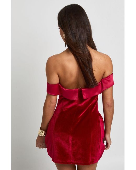 Boohoo Red Petite Velvet Bardot Mini Dress