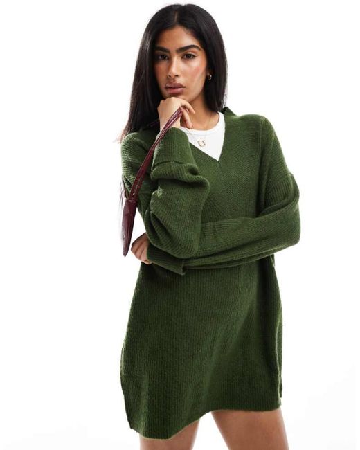 Miss Selfridge Green V Neck Slouchy Mini Dress