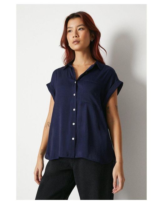 Warehouse Blue Washed Satin Roll Sleeve Oversize Shirt
