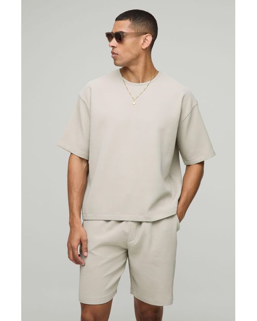 BoohooMAN Natural Oversized Boxy Pleated T-Shirt And Relaxed Fit Mid-Length Short Set for men