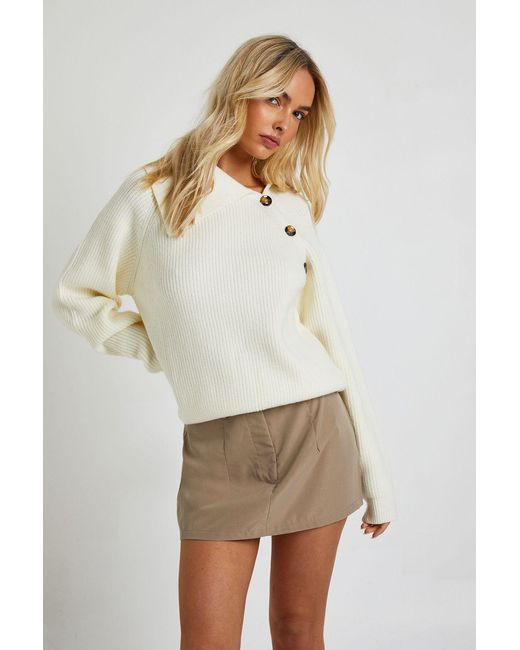 Boohoo White Soft Knit Button Neck Detail Oversized Jumper