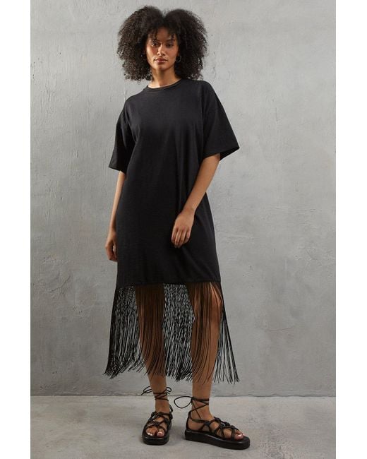 Warehouse Boxy Fringe Hem T-Shirt Dress in Grey | Lyst UK