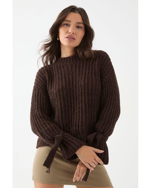 MissPap Brown Knitted Tie Sleeve Oversized Jumper